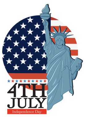 Bağımsızlık Günü temalarını vurgulayan vatansever bir Amerikan bayrağı arkaplanıyla Özgürlük Anıtı 'nın vektör illüstrasyonu