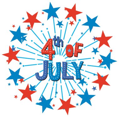 Kırmızı ve mavi yıldızlı canlı vektör tasarımı Bağımsızlık Günü 'nü kutluyor. Festivalsel tipografi ile dinamik kompozisyon