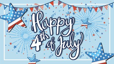 Yıldızlarla, havai fişeklerle ve kırmızı, beyaz ve mavi pankartlarla gösterişli vektör illüstrasyonu. Bağımsızlık Günü temaları için mükemmel