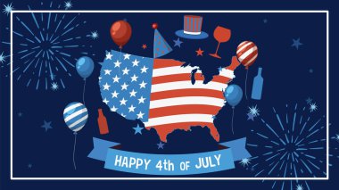 Yıldızlı ve çizgili ABD haritasının vektör çizimi, koyu mavi arka planda neşeli balonlar ve havai fişeklerle çevrili.