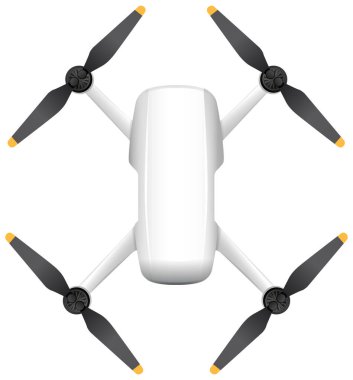 Pürüzsüz, dört pervaneli beyaz bir dronun üst görüntüsü. Temiz çizgiler ve minimalist tasarım modern teknolojiyi vurguluyor