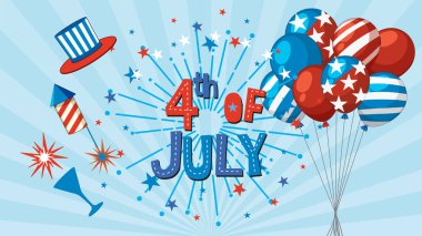 Havai fişekler, balonlar ve 4 Temmuz 'u canlı bir şekilde kutlayan vatansever unsurlarla renkli vektör çizimi