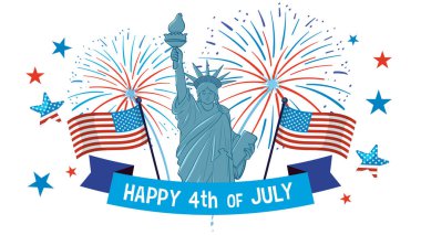 Özgürlük Anıtı 'nın havai fişeklerle, Amerikan bayraklarıyla ve Bağımsızlık Günü' nü kutlayan vatansever renklerle temsilcisi.