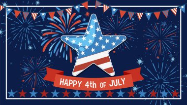 Canlı havai fişekler ve şenlikli afişlerle çevrili Amerikan bayrağı tasarımı olan bir yıldızın vektör çizimi