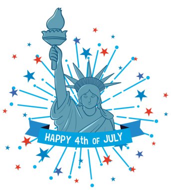 Özgürlük Anıtı 'nın renkli havai fişekler ve yıldızlarla çevrili temsili temsilcisi, Bağımsızlık Günü' nü kutluyor.