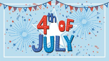 Kırmızı, beyaz ve mavi renkli havai fişek, kiraz ve koyu tipografi ile renkli 4 Temmuz illüstrasyonları