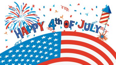 Havai fişek, Amerikan bayrağı ve kırmızı, beyaz ve mavi renkli şenlikli metin ile canlı vektör illüstrasyonu