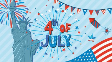 Vatanseverlik sembolleri, canlı havai fişekler ve kırmızı, beyaz ve mavi Özgürlük Heykeli ile vektör illüstrasyonu