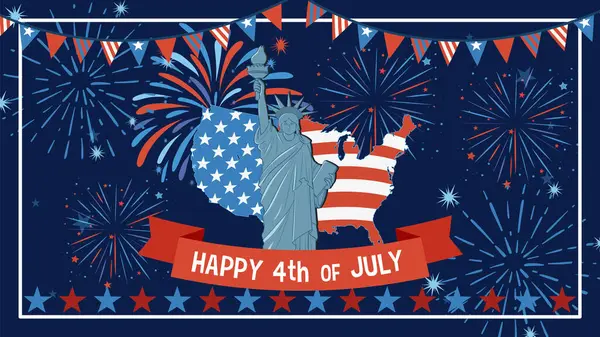 Havai fişeklerle ve canlı renklerle Amerikan bayrağı unsurlarıyla Özgürlük Heykeli 'nin vektör illüstrasyonu