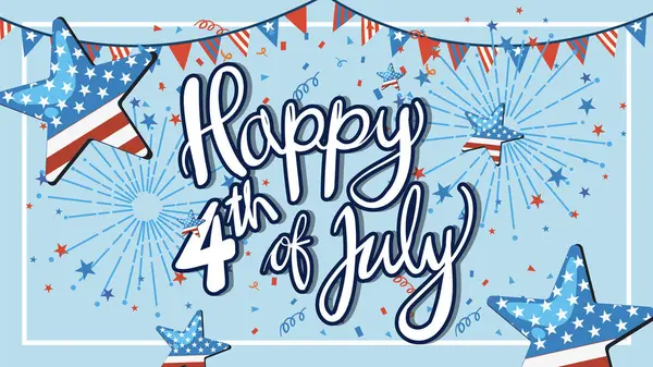 Yıldızlarla, havai fişeklerle ve kırmızı, beyaz ve mavi pankartlarla gösterişli vektör illüstrasyonu. Bağımsızlık Günü temaları için mükemmel