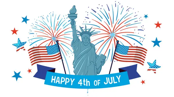 Özgürlük Anıtı 'nın havai fişeklerle, Amerikan bayraklarıyla ve Bağımsızlık Günü' nü kutlayan vatansever renklerle temsilcisi.