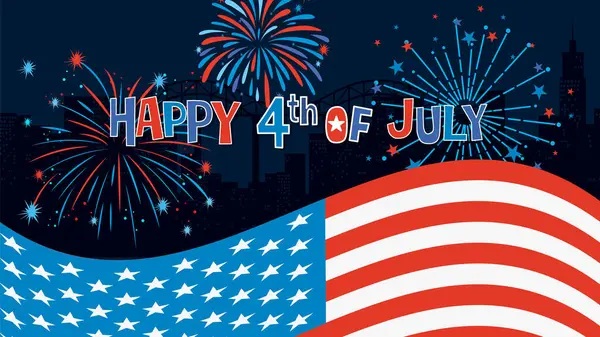 Havai fişeklerin canlı vektör çizimi ve Bağımsızlık Günü 'nü kalın renkler ve dinamik kompozisyonla kutlayan Amerikan bayrağı