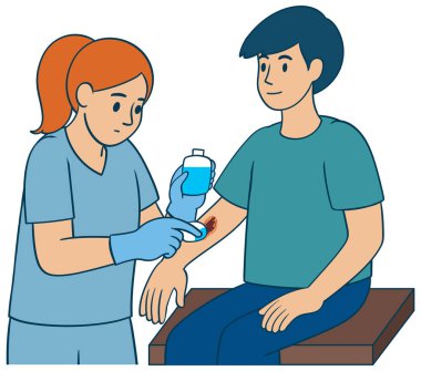 Hastanın kolundaki yaraya antiseptik uygulayan bir hemşirenin vektör çizimi. Temiz çizgileri olan basit renk paleti