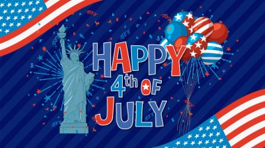 4 Temmuz 'un temsili Özgürlük Heykeli, balonlar ve canlı renklerde havai fişek temalı.