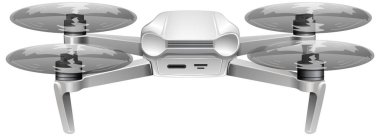 Detaylı pervaneleri ve parlak tasarımı olan, simetriyi ve minimalist renk paletini vurgulayan modern bir dronun gerçekçi vektör çizimi