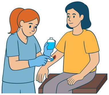 Hastanın kolundaki yarayı temizleyen hemşirenin vektör çizimi. Basit çizgiler, düz renkler ve profesyonel bir tıbbi ortam.