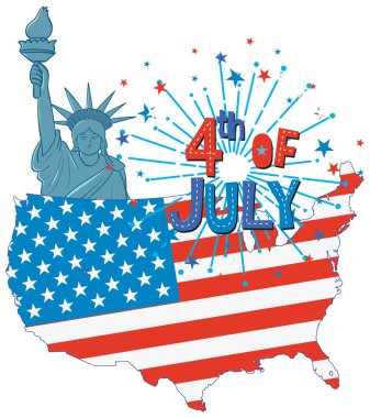 Özgürlük Anıtı, havai fişekler ve 4 Temmuz metninin canlı renkleriyle ABD haritasının bir tasviri