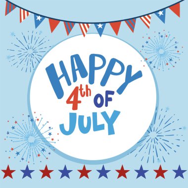 Havai fişek, kiraz kuşu ve yıldızlı renkli vektör illüstrasyonları Bağımsızlık Günü 'nü canlı ve neşeli bir şekilde kutluyor.