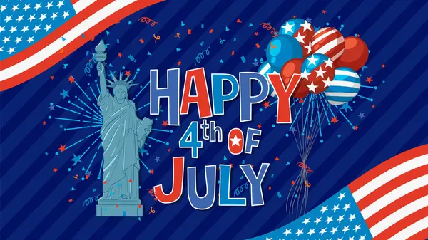 4 Temmuz 'un temsili Özgürlük Heykeli, balonlar ve canlı renklerde havai fişek temalı.