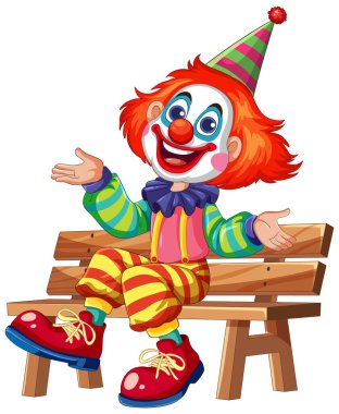 Canlı giyinmiş renkli bir palyaço ve neşeli bir ifadeyle ahşap bir bankta oturuyor, oyuncu ve kaprisli bir stil sergiliyor.