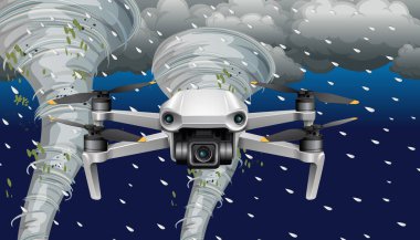 Kasırgalar arasında uçan bir dronun vektör çizimi, dinamik hava unsurlarını ve detaylı teknik tasarımı gösteriyor