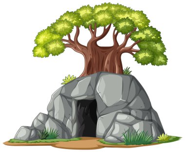 Kayalık bir mağara girişinde, canlı renkler ve detaylı dokularla büyüyen bir ağacın vektör çizimi