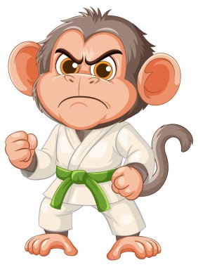 Çizgi film maymunu yeşil kuşaklı bir karate elbisesi içinde kararlılık ve hazırlık gösteriyor. Kalın renkler ve anlamlı biçim