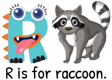 R harfinin renkli vektör çizimi ve rakun çizgi filmi. Eğitim malzemeleri ve çocuk projeleri için tasarım başlatılıyor