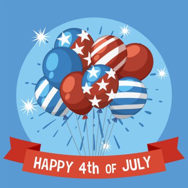 Yıldızlı, çizgili kırmızı, beyaz ve mavi balonların vektör çizimi. Bağımsızlık Günü için mükemmel tasarım.