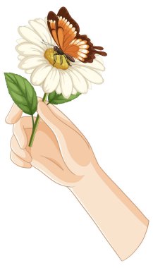 Bir el tarafından tutulan papatyaya konmuş bir kelebeğin vektör çizimi, ince detaylar ve yumuşak renkler sunuyor.