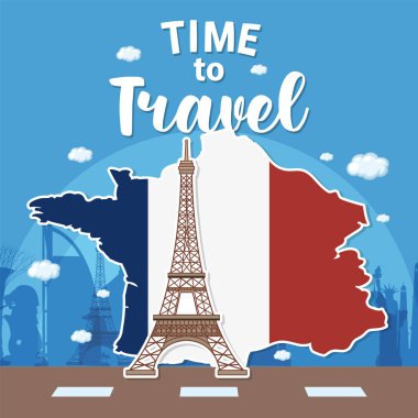 Eyfel Kulesi 'nin canlı renkleri ve seyahat temalı Fransa haritası üzerindeki vektör illüstrasyonuName