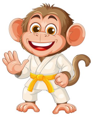 Sarı kuşaklı karate kıyafeti giyen, gülümseyen ve el sallayan oyuncu bir maymun. Parlak renkler ve dostane ifade