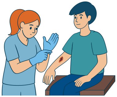 Hastanın kolundaki yarayla ilgilenen bir hemşirenin vektör çizimi. Temiz çizgiler, düz renkler ve tıbbi ayarlar.