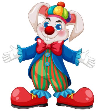 Renkli giyimli ve neşeli ifadeli palyaço kılığındaki bir tavşanın canlı bir temsili.