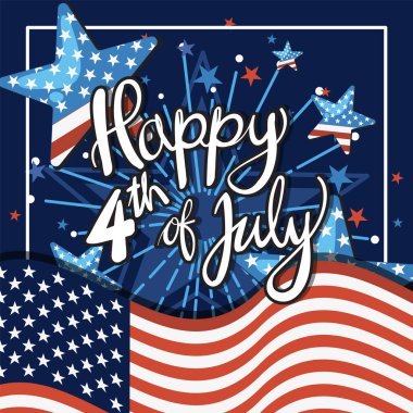 Yıldızlarla, havai fişeklerle ve Amerikan bayrak renkleriyle vektör illüstrasyonu. Kalın tipografi ve festival kompozisyonu Bağımsızlık Günü temasını vurguluyor