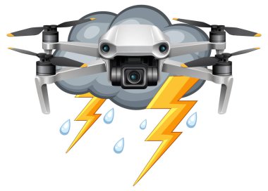 Fırtına bulutlarında şimşekler ve yağmur damlalarıyla uçan bir dronun vektör çizimi dinamik hava elementlerini gösteriyor