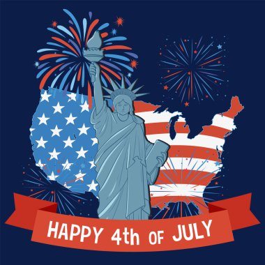 Özgürlük Anıtı 'nın havai fişeklerle ve vatansever renklerde ABD haritasıyla temsilcisi.