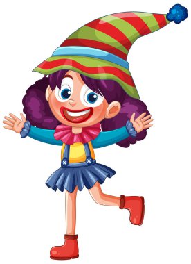 Canlı renkleri ve çizgili şapkası olan neşeli bir palyaço, neşeli bir ifade ve dinamik bir poz sergiliyor.