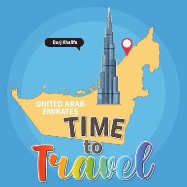 BAE 'nin Burj Halife' yi vurgulayan renkli vektör haritası. Canlı tipografi ve modern tasarım öğeleri seyahat temasını geliştirir