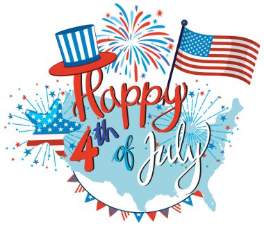 Havai fişek, Amerikan bayrağı ve kırmızı, beyaz ve mavi renkli bayram tipografisi ile vektör illüstrasyonu