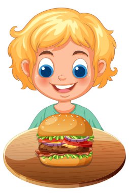 Tabağında lezzetli bir burgerle gülümseyen çocuk.