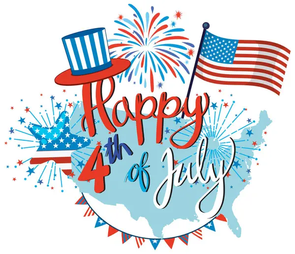 Havai fişek, Amerikan bayrağı ve kırmızı, beyaz ve mavi renkli bayram tipografisi ile vektör illüstrasyonu