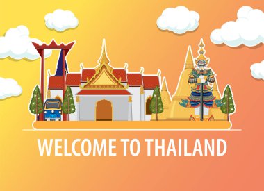 Geleneksel mimari ve efsanevi figürlere sahip ikonik Tayland simgelerinin canlı vektör çizimi, eğimli bir gökyüzüne karşı ayarlandı