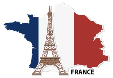 Eyfel Kulesi 'nin vektör illüstrasyonu bir Fransız haritasında bayrak renkleriyle örtülüydü. Temiz çizgiler ve canlı renkler