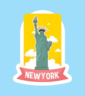 Canlı renkleri ve modern tasarımı olan Özgürlük Anıtı 'nın vektör çizimi. Mavi bir gökyüzü ve bulut arkaplanı