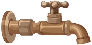 Klasik tarzda gerçekçi dokular ve sıcak tonlarda gösterilen eski bir pirinç su musluğunun ayrıntılı vektör çizimi