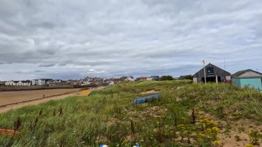 Bulutlu gökyüzü ile kumsalda sallanan otlar