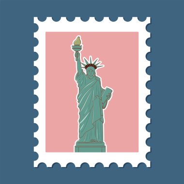 Pastel renkleri ve temiz çizgileri olan posta pulu üzerindeki Özgürlük Heykeli 'nin vektör illüstrasyonu