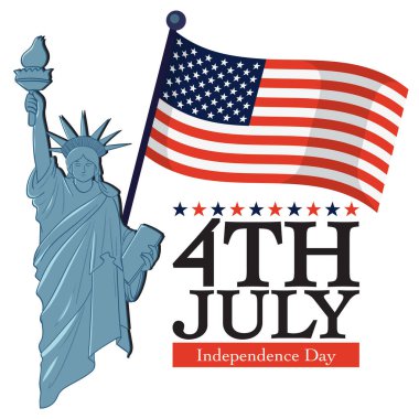 Canlı vektör tarzında Amerikan bayrağı taşıyan Özgürlük Anıtı. Cesur renkleri ve temiz çizgileri olan vatansever tema