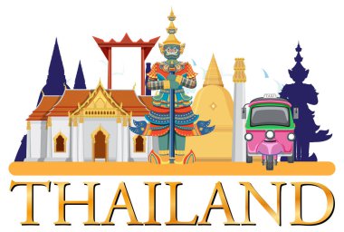 Canlı renkler ve detaylı kompozisyon içeren ikonik Tayland simgeleri ve kültürel sembollerin renkli vektör çizimi